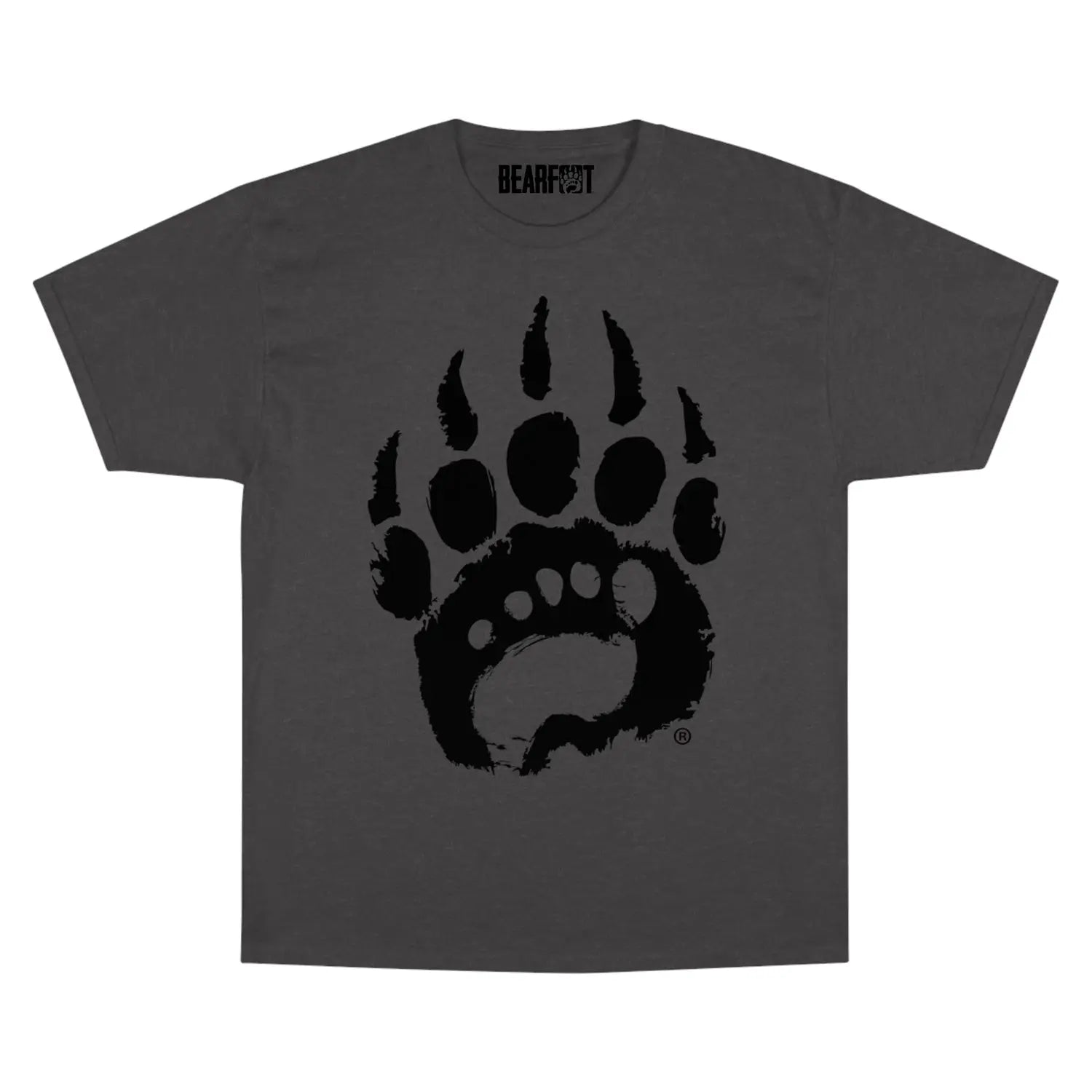 Charcoal gray oversized t-shirt with black bear paw and Bearfoot minimalist footwear logo