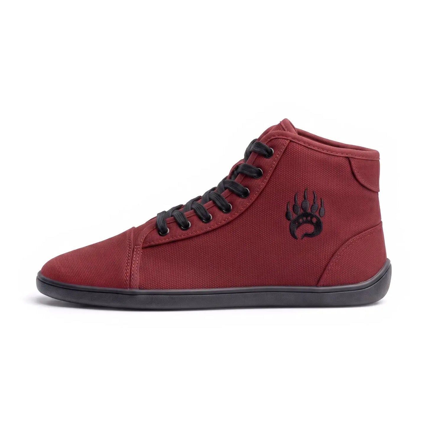 Ursus chtg2 barefoot sneaker in maroon canvas with black laces and wide toe box featuring a black paw print logo
