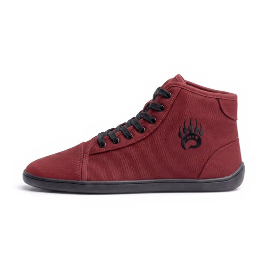 Ursus chtg2 barefoot sneaker in maroon canvas with black laces and wide toe box featuring a black paw print logo