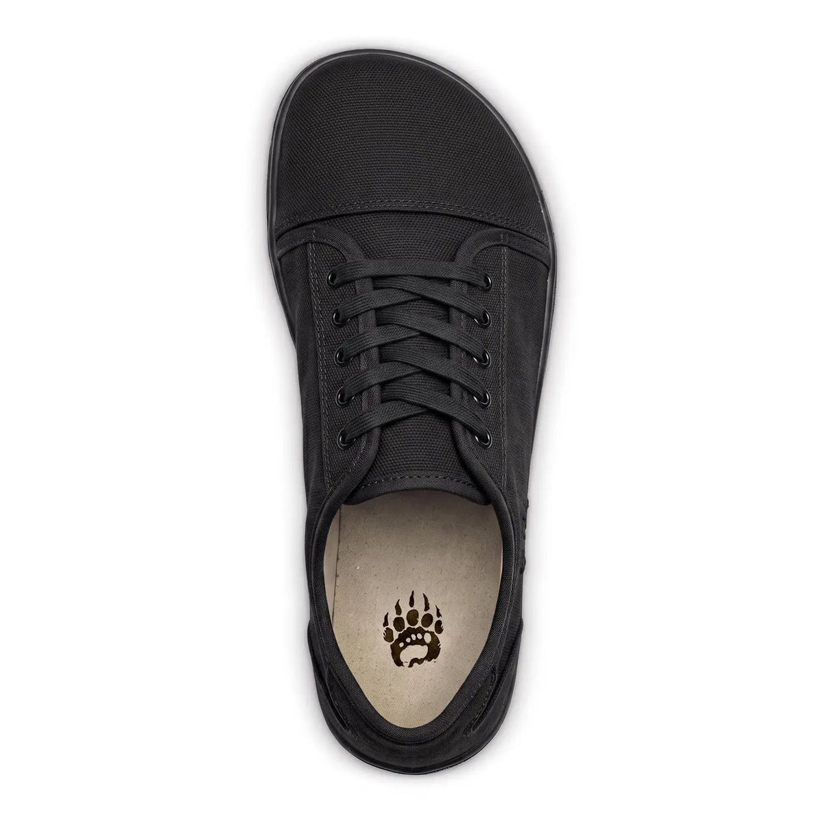 Ursus cltg2 black barefoot shoe with black canvas, laces, and subtle paw print logo for long-term foot health
