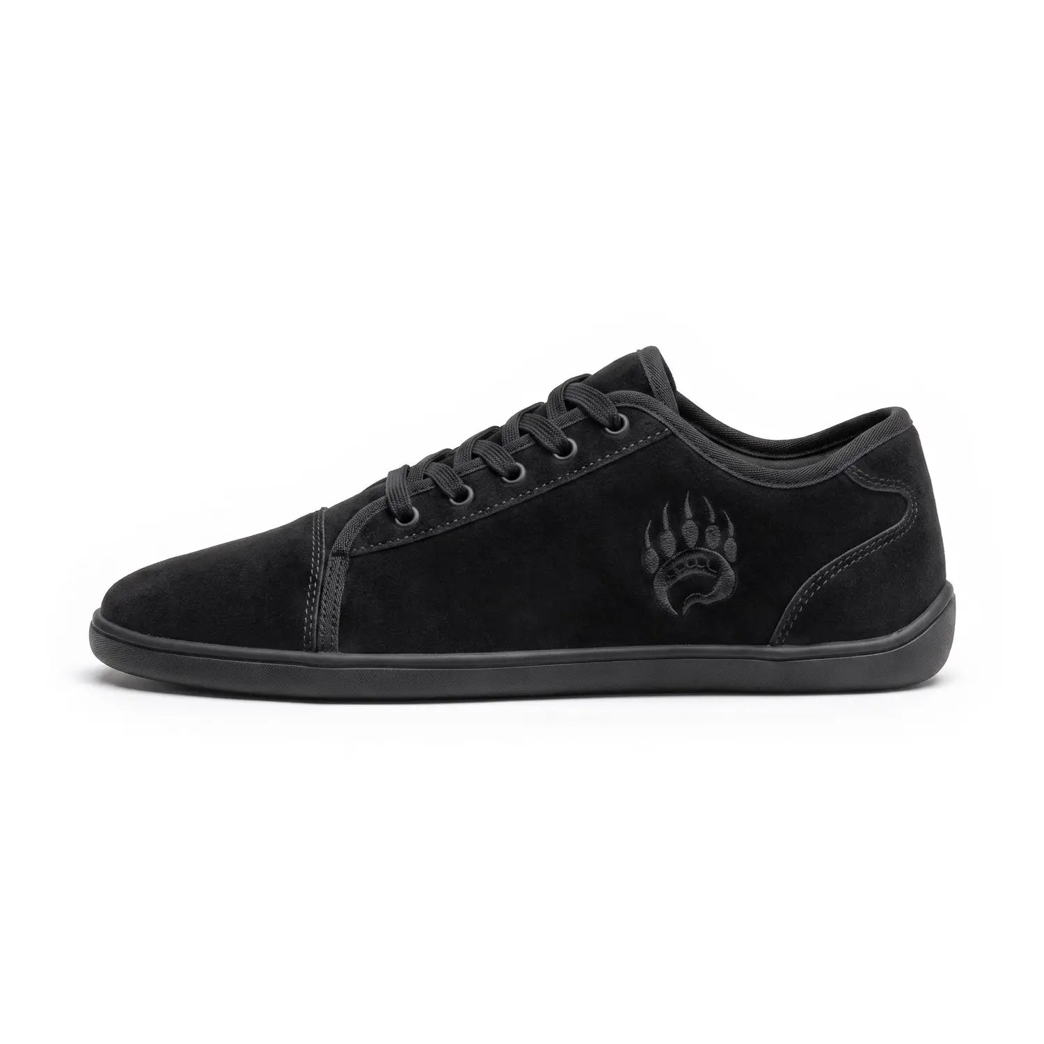 Ursus sltg2 black suede low-top barefoot shoe with natural toe splay and embossed paw print logo on the side