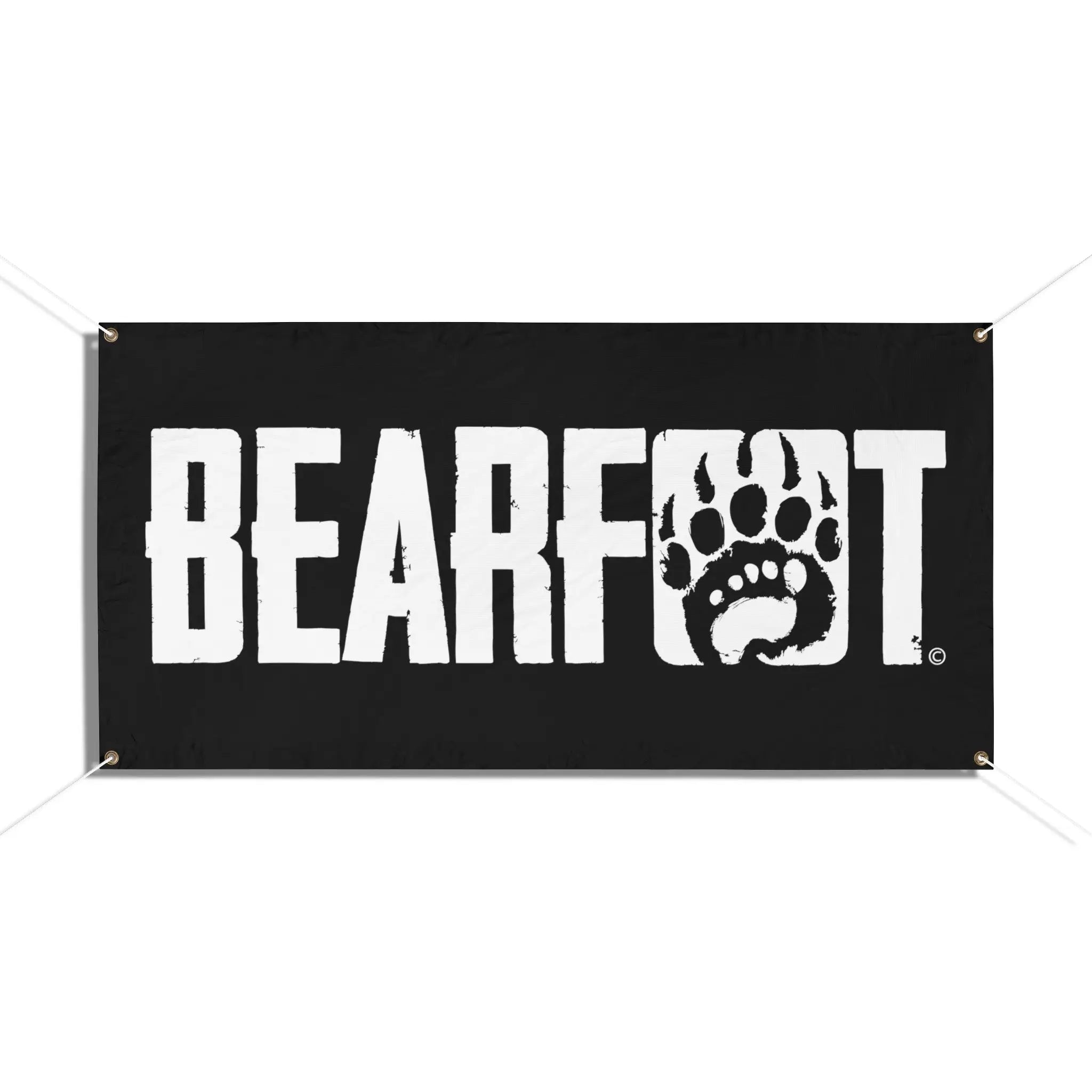 Black vinyl bearfoot banner with bold white lettering and a stylized bear paw print replacing the o for barefoot shoes